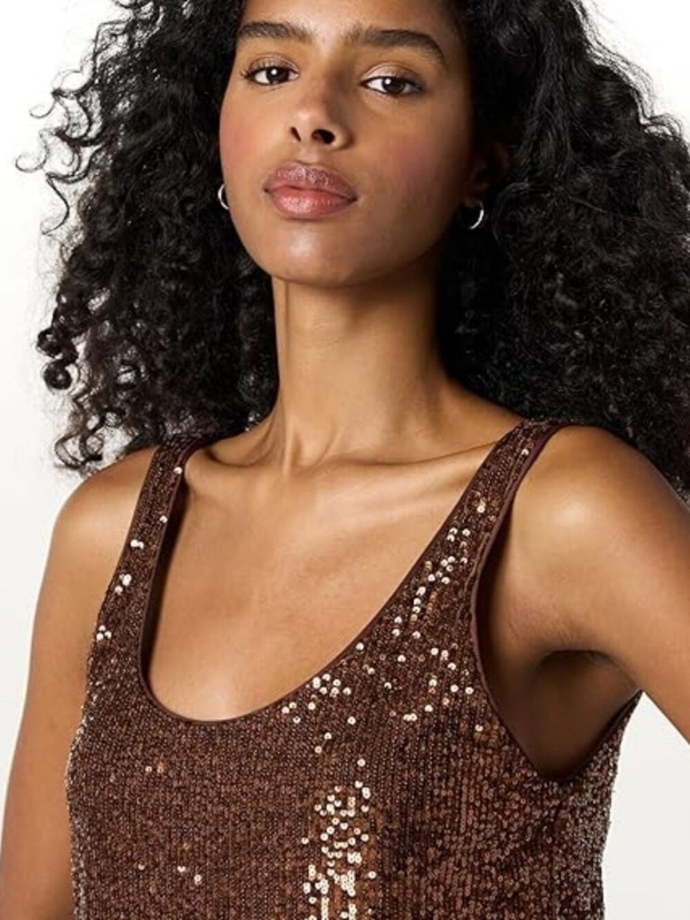 The Drop Medium Sequin Cami Chocolate Brown Crew Neck Sleeveless Sequin Tank Top
